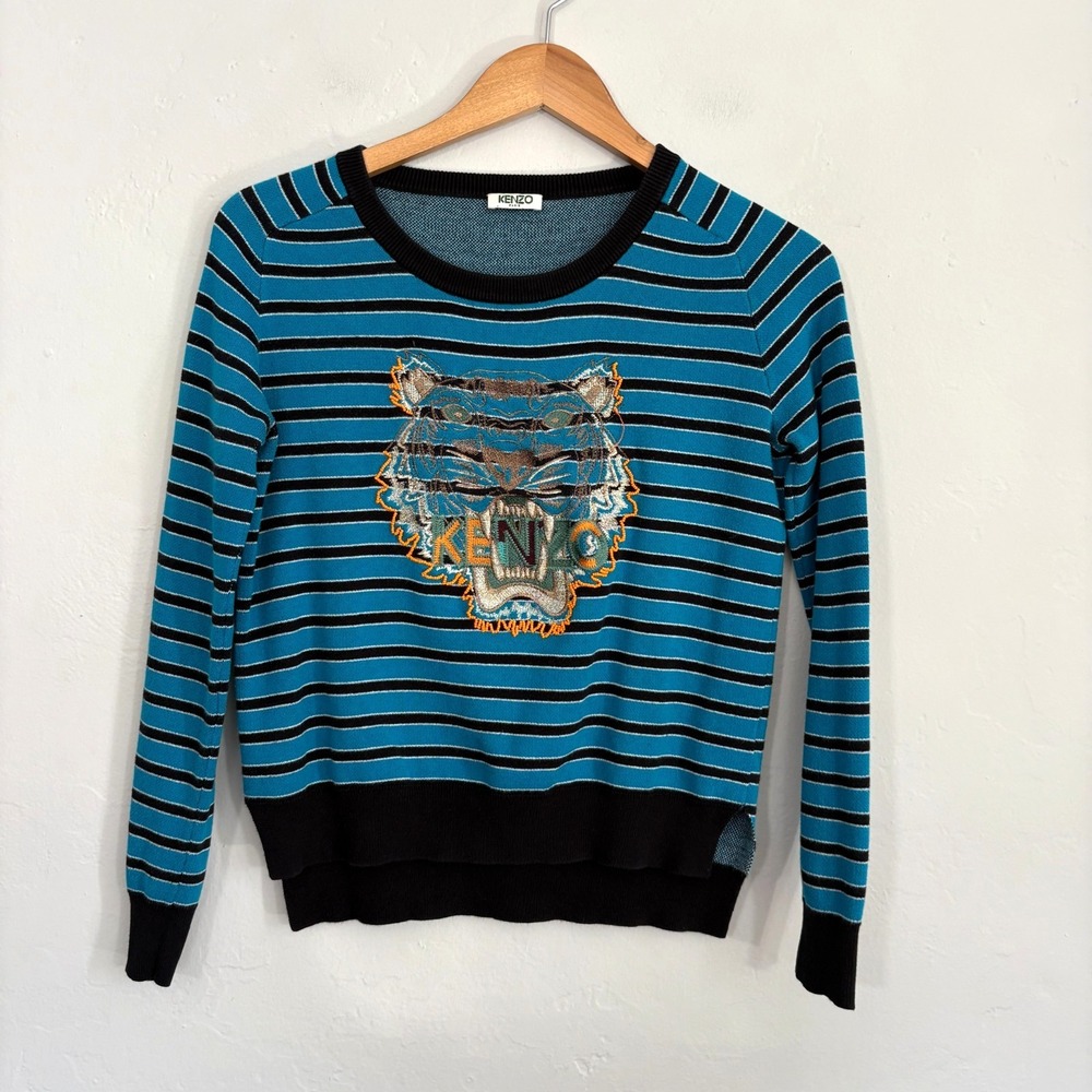 Kenzo Paris Striped Crop Top Women Size Small? Tiger Blue Black Long Sleeve